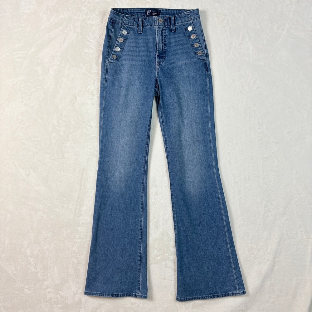 Gap High Rise Flare Jeans Women 4/27R‎ Blue Excellent Sailor Button Detail